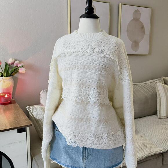 Sweaters - Aaron & Amber Lace Trim Textured Cream Sweater ₊˚⊹ ᰔ